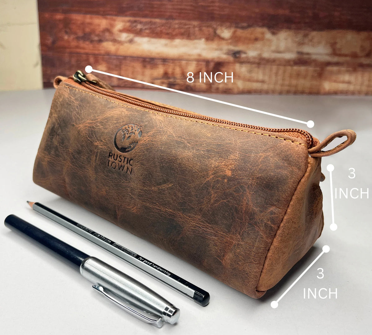 Simple Leather Pencil Pouch With Zipper For School Students Solid Brown  Color
