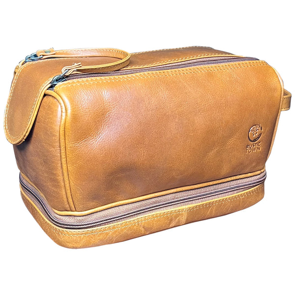 Leather Toiletry Bag for Men Travelling Dopp Kit Rustic Town