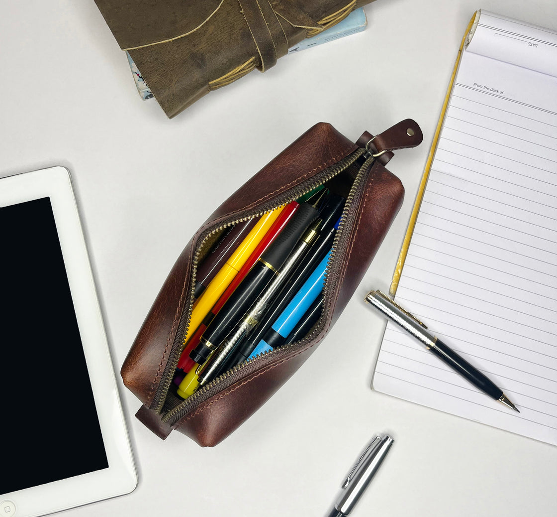 Handmade Genuine Leather Pen Case Office Pencil Holder Pens Organizer Bag  School