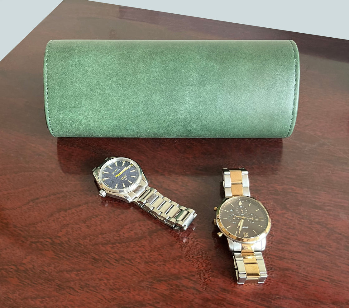 Classic Leather Travel Watch Case - 3 Slots (Green)