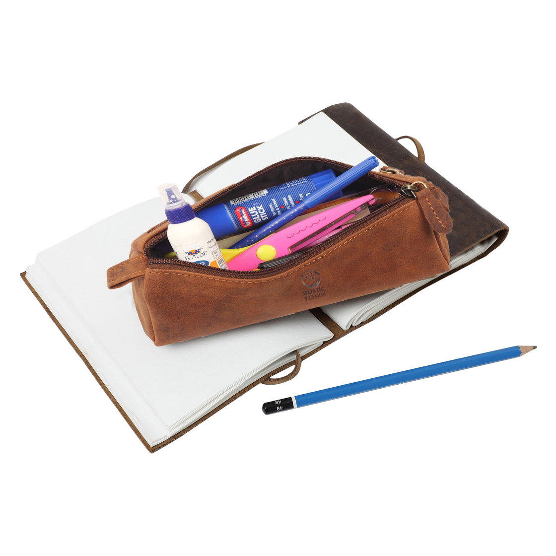 Tom Leather Pencil Case - Zippered Pen Pouch (Brown)