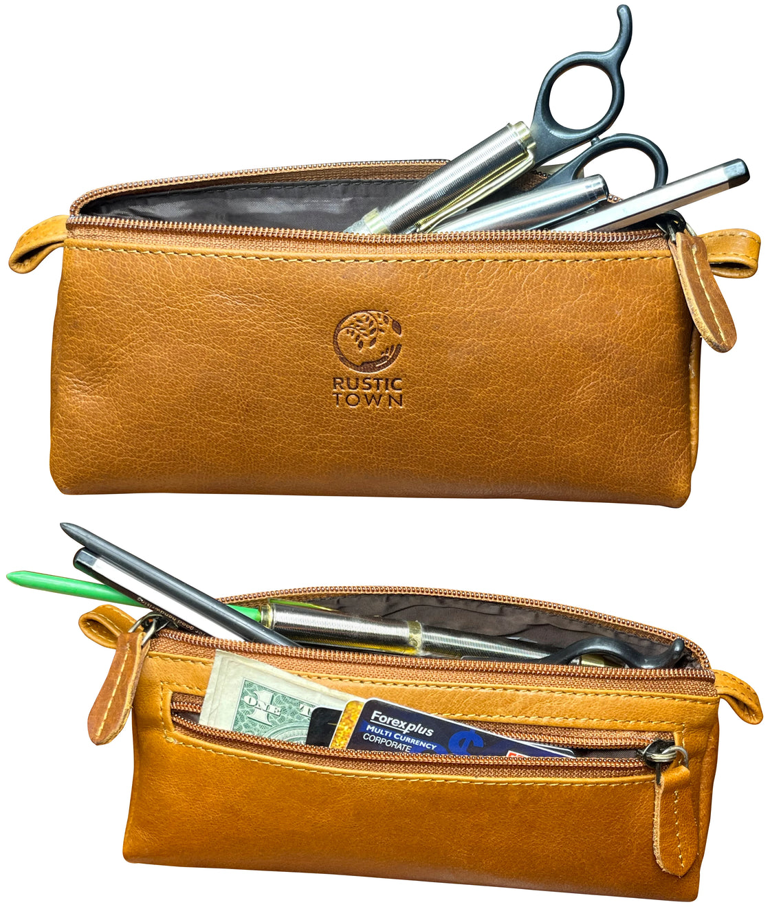 RUSTIC TOWN Leather Pencil Pouch - Zippered Pen Case for Work