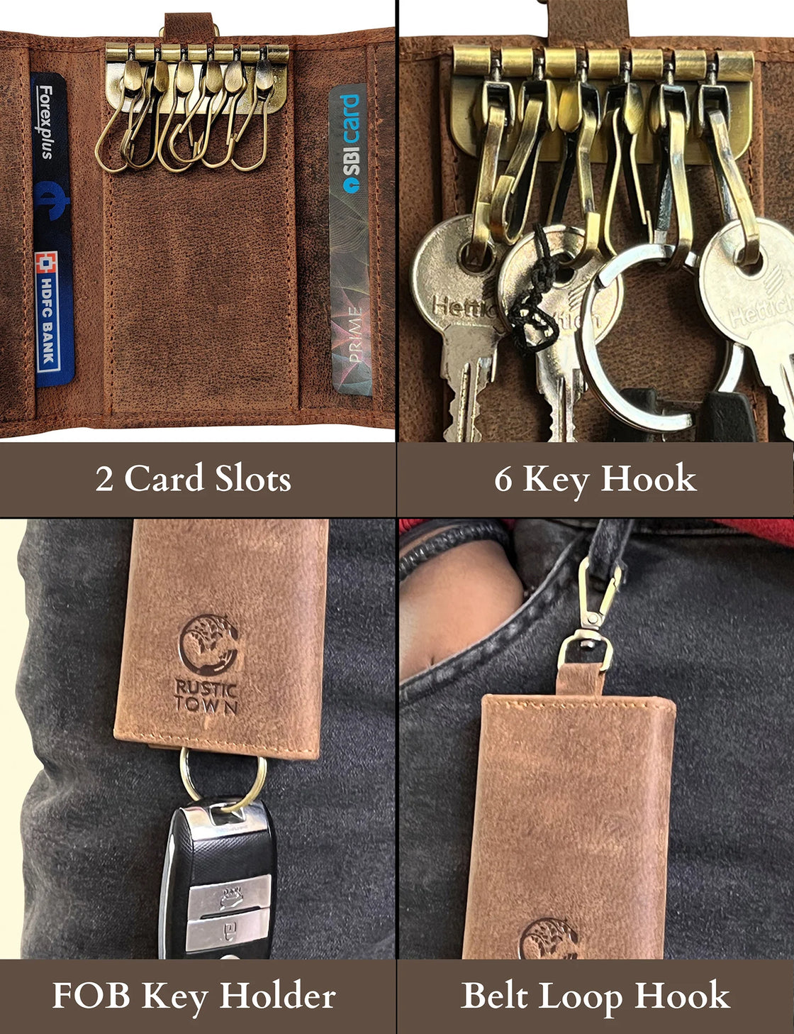 RUSTIC TOWN Leather Key Holder - Smart Fob Car Key Loop - Leather Key Pouch  Wallet Slim Keychain with 6 Key Holder - Stylish and Practical Key