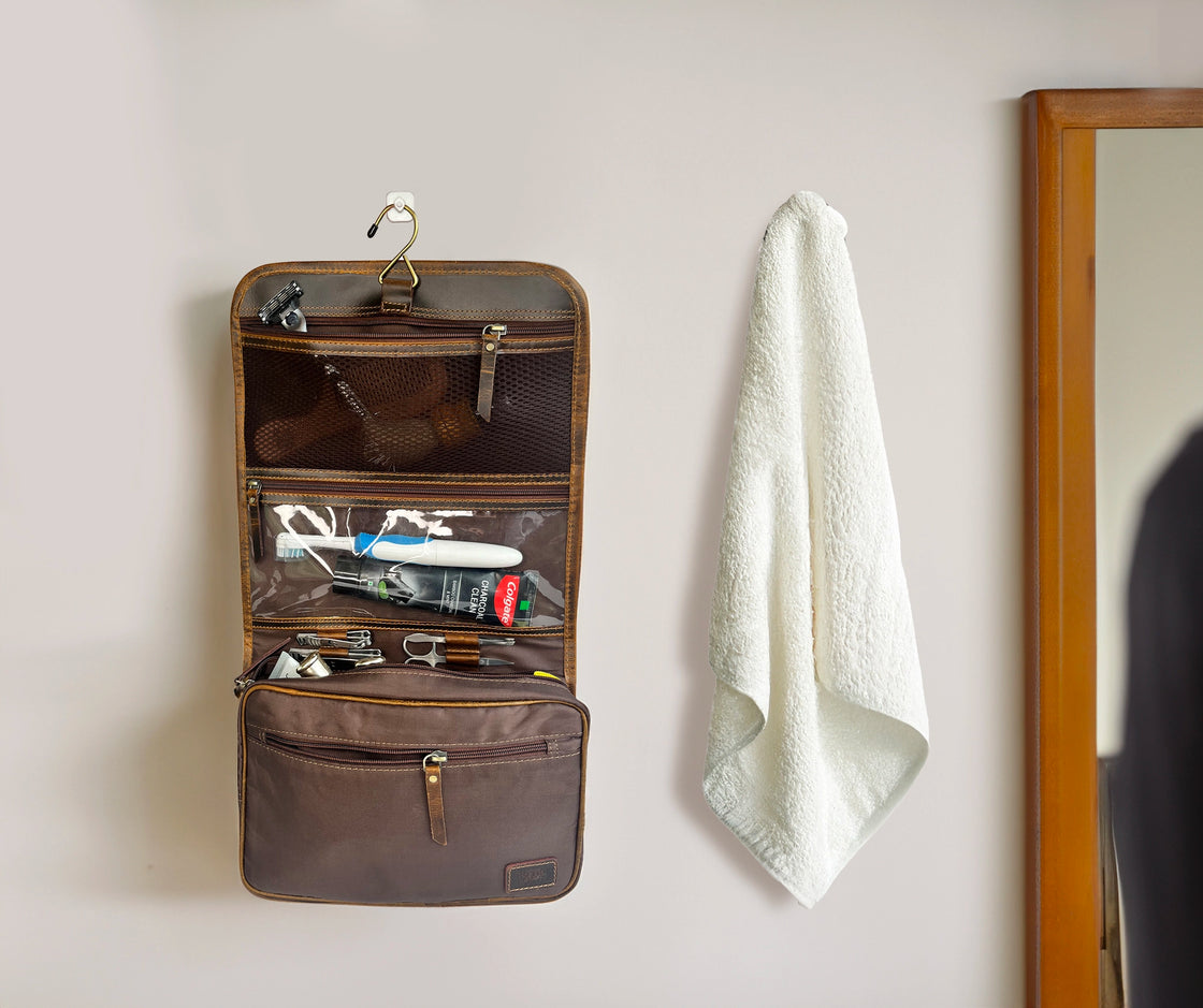 Leather hanging toiletry bag hotsell