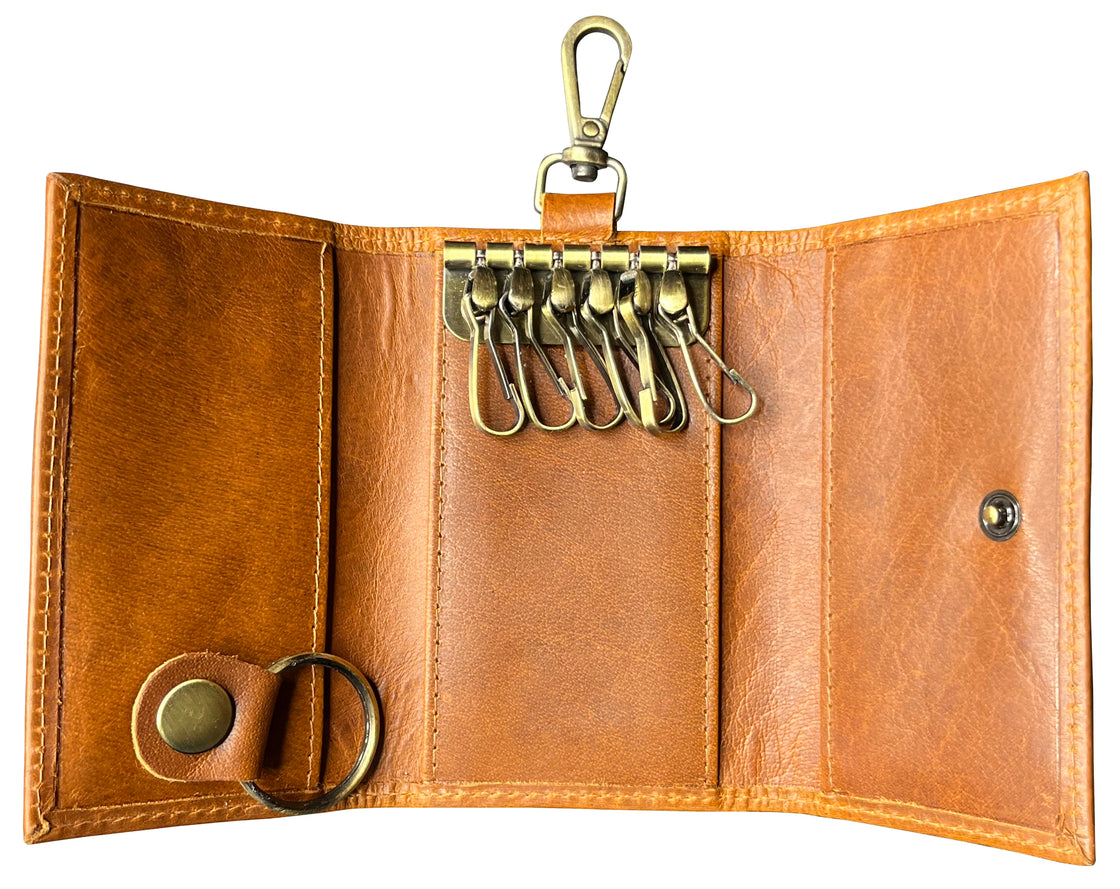 Leather Key Holder Smart Fob Car Key Loop Slim Keychain (Cognac)