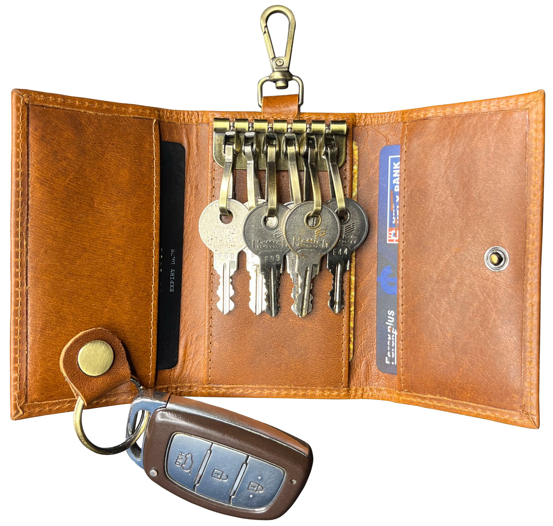 Leather Key Holder Smart Fob Car Key Loop Slim Keychain (Cognac)