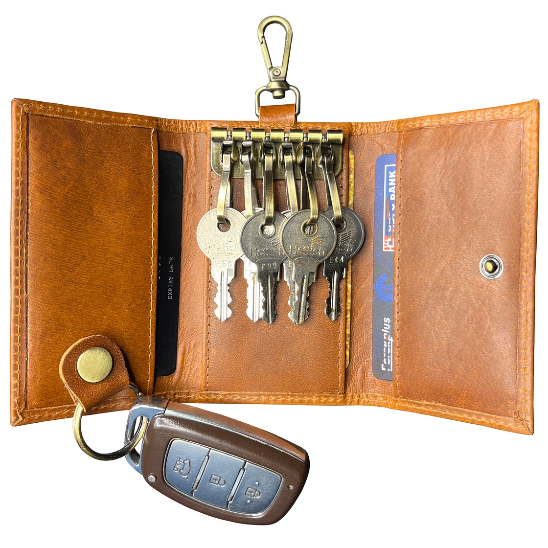 Leather Key Holder Smart Fob Car Key Loop Slim Keychain (Cognac)