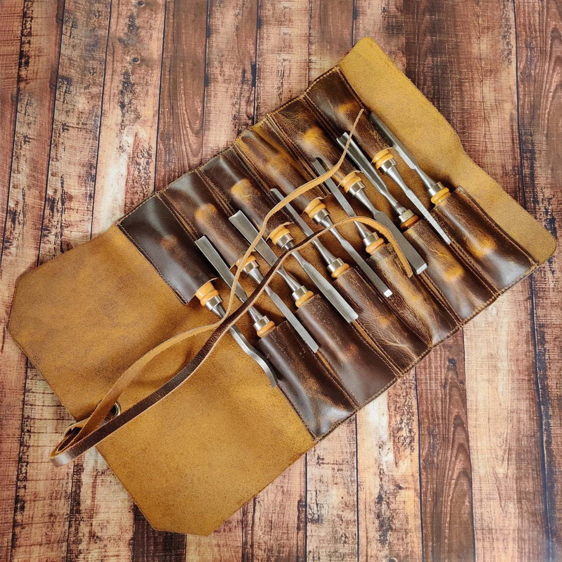 Leather Tool Roll Up Pouch - 12 Slots Portable Leather Tool Carry on Pouch, Vintage Handmade Wrench Roll / Chisel Storage Organizer Bag by Rustic Town