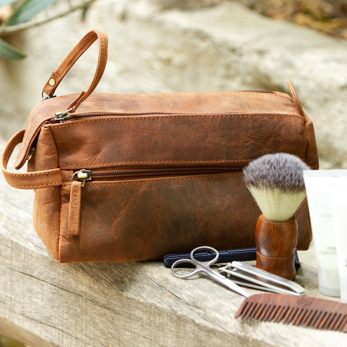 Leather Toiletry Bag for Men | Dopp Kit / Travel Pack Bootlegger Brown